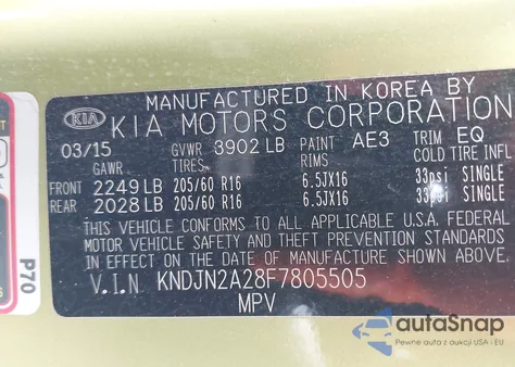 2015 Kia Soul z USA, uszkodzony, nr VIN KNDJN2A28F7805505